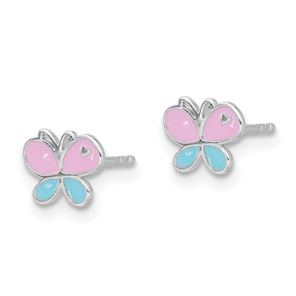 QE17719 Sterling Silver RH-pltd Blue/Pink Enamel Butterfly Children's Post Earrings