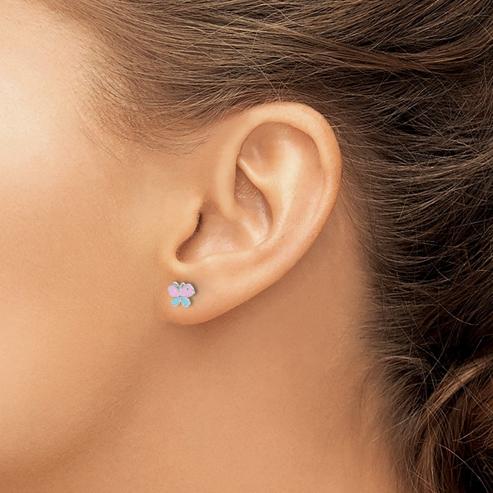 QE17719 Sterling Silver RH-pltd Blue/Pink Enamel Butterfly Children's Post Earrings