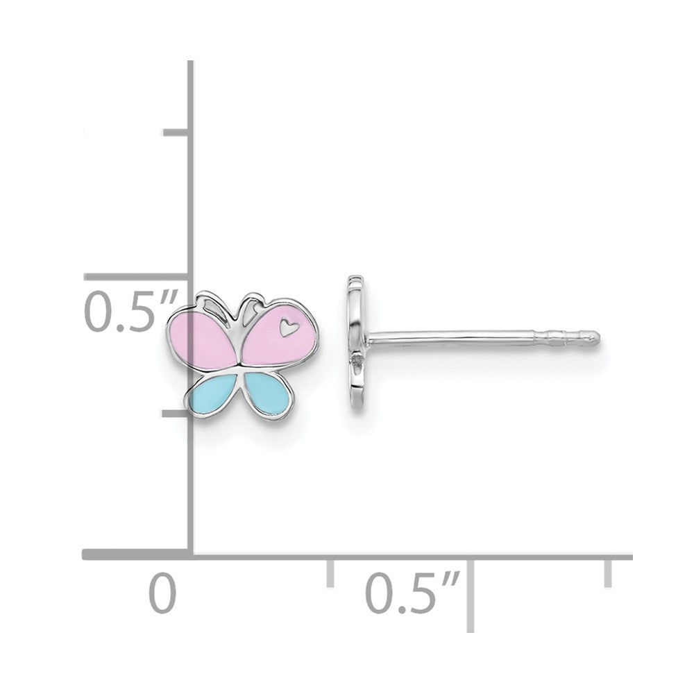 QE17719 Sterling Silver RH-pltd Blue/Pink Enamel Butterfly Children's Post Earrings