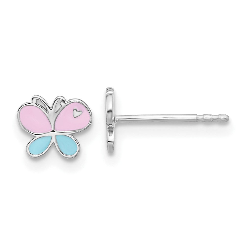 QE17719 Sterling Silver RH-pltd Blue/Pink Enamel Butterfly Children's Post Earrings