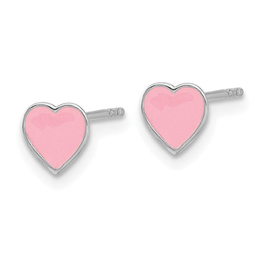 QE17741 Sterling Silver Rhodium-plated Pink Enamel Heart Children's Post Earrings