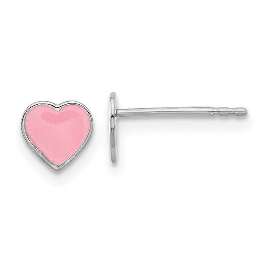 QE17741 Sterling Silver Rhodium-plated Pink Enamel Heart Children's Post Earrings