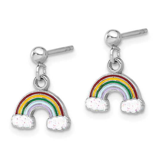 QE17743 Sterling Silver Rhodium-plated Polished & Enameled w/ Glitter Rainbow Children's Post Dangle Earrings