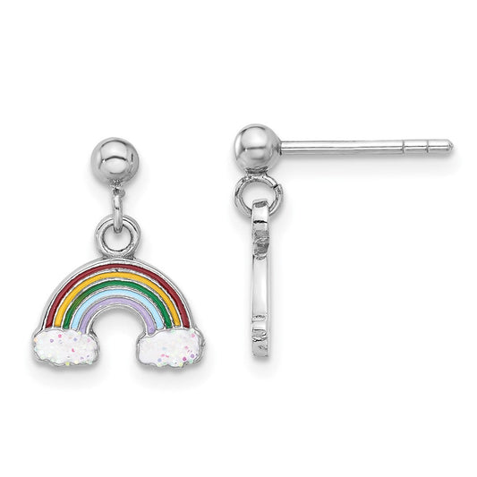 QE17743 Sterling Silver Rhodium-plated Polished & Enameled w/ Glitter Rainbow Children's Post Dangle Earrings