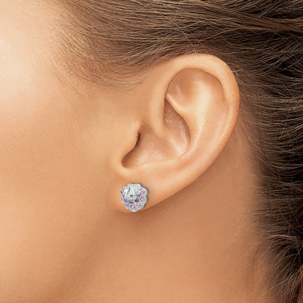 QE17793 Sterling Silver Rh-plated Polished CZ Shell Post Earrings