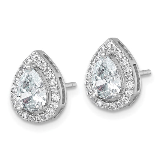 QE17805 Sterling Silver Rhodium-plated Polished 11.0 x 9.0mm Pear CZ Halo Teardrop Post Earrings