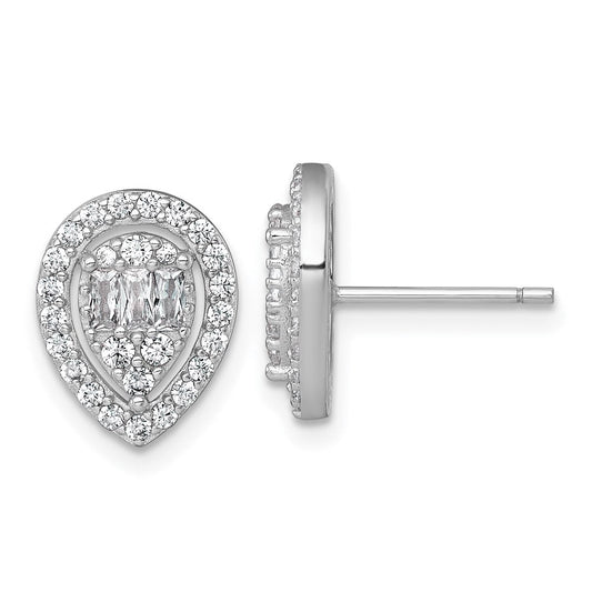 QE17806 Sterling Silver Rhodium-plated Polished Fancy CZ Teardrop Halo Post Earrings