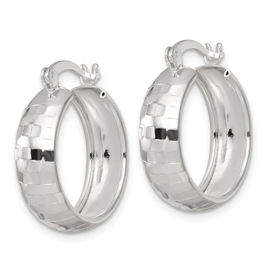 QE17821 Sterling Silver Polished Diamond-cut 20x6mm Round Hoop Earrings