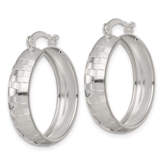 QE17822 Sterling Silver Polished Diamond-cut 25x6mm Round Hoop Earrings