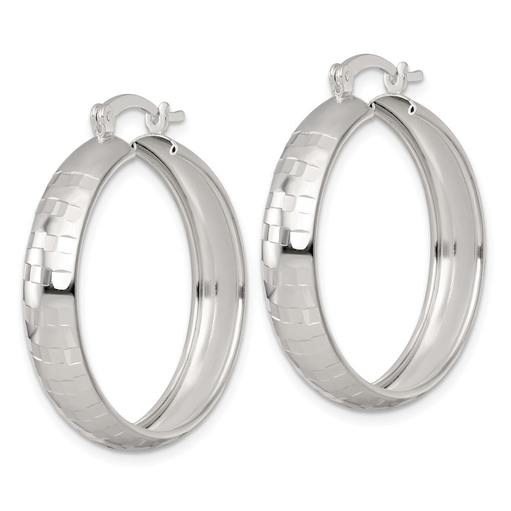 QE17823 Sterling Silver Polished Diamond-cut 30x6mm Round Hoop Earrings