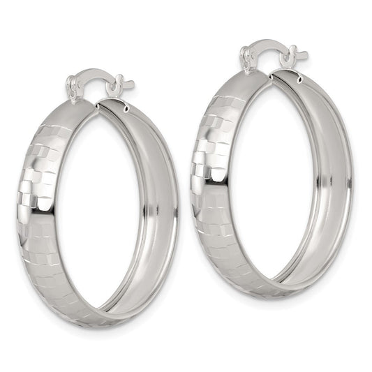 QE17823 Sterling Silver Polished Diamond-cut 30x6mm Round Hoop Earrings