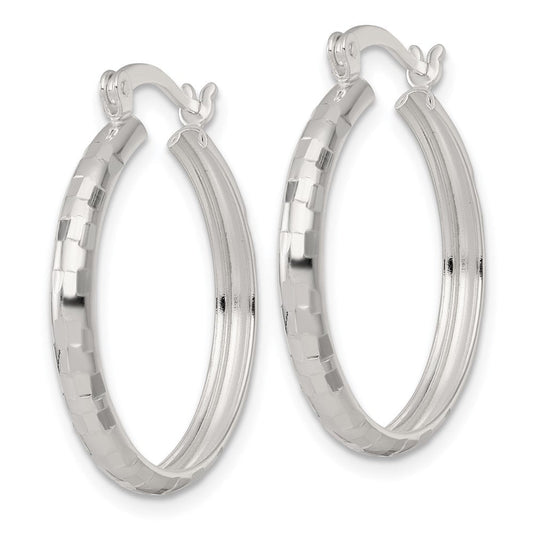 QE17828 Sterling Silver Polished Diamond-cut 25x3mm Round Hoop Earrings