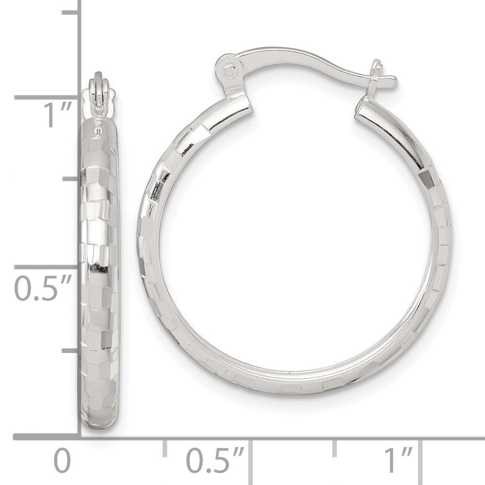 QE17828 Sterling Silver Polished Diamond-cut 25x3mm Round Hoop Earrings