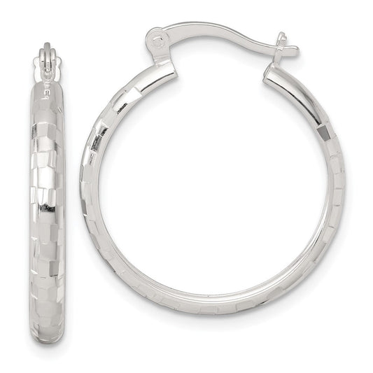 QE17828 Sterling Silver Polished Diamond-cut 25x3mm Round Hoop Earrings