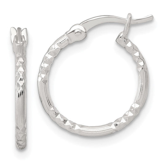 QE17836 Sterling Silver Polished Diamond-cut Textured 16x1.5mm Round Hoop Earrings
