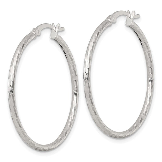 QE17843 Sterling Silver Polished Diamond-cut 35x2mm Round Hoop Earrings