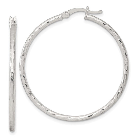 QE17844 Sterling Silver Polished Diamond-cut 40x2mm Round Hoop Earrings