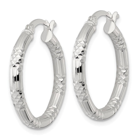 QE17847 Sterling Silver Polished Diamond-cut Textured 25x3.25mm Round Hoop Earrings