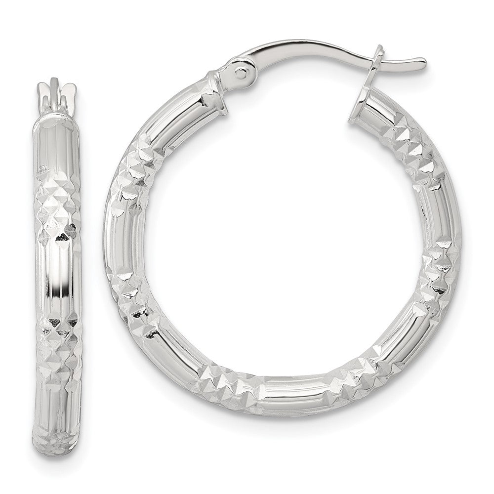 QE17847 Sterling Silver Polished Diamond-cut Textured 25x3.25mm Round Hoop Earrings