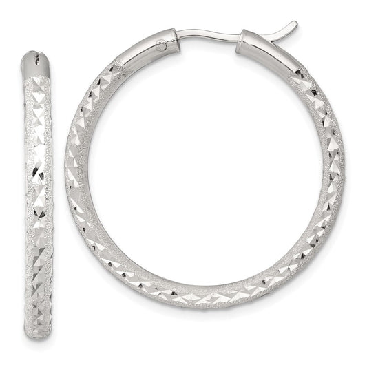 QE17854 Sterling Silver Laser and Diamond-cut 35x3.25mm Hidden Catch Round Hoop Earrings