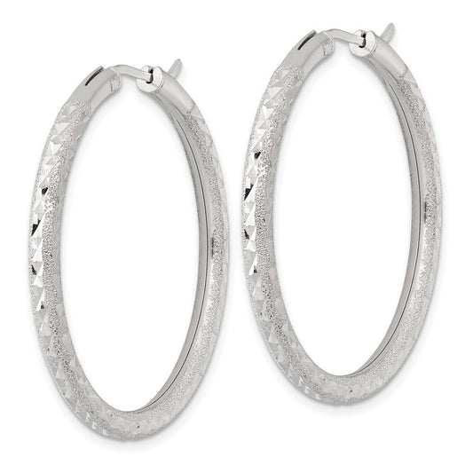 QE17855 Sterling Silver Laser and Diamond-cut 40x3.25mm Hidden Catch Round Hoop Earrings