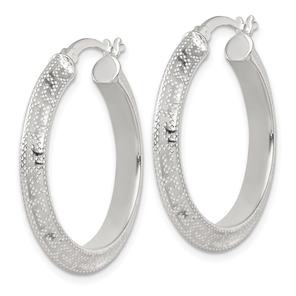 QE17861 Sterling Silver Textured 30x4.0mm Knife Edge Greek Key Round Hoop Earrings