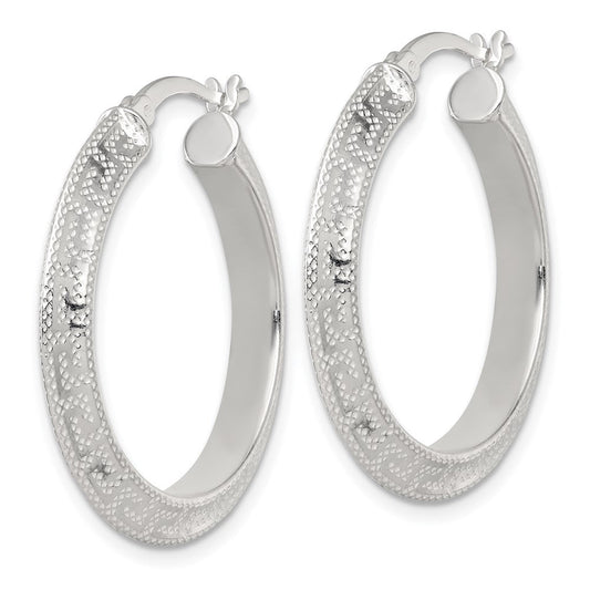 QE17861 Sterling Silver Textured 30x4.0mm Knife Edge Greek Key Round Hoop Earrings
