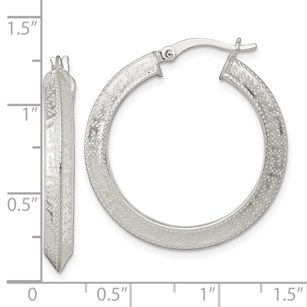 QE17861 Sterling Silver Textured 30x4.0mm Knife Edge Greek Key Round Hoop Earrings