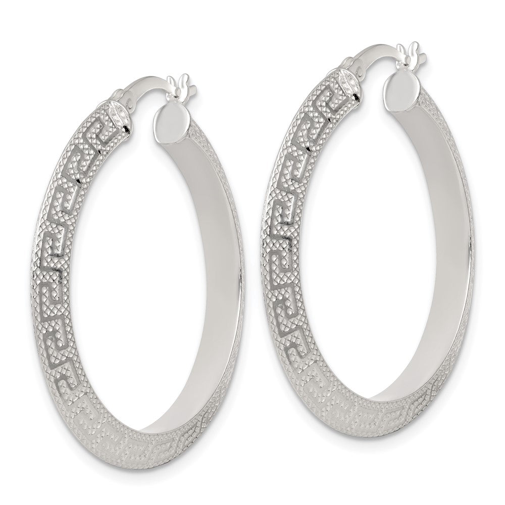 QE17862 Sterling Silver Textured 35x4.0mm Knife Edge Greek Key Round Hoop Earrings