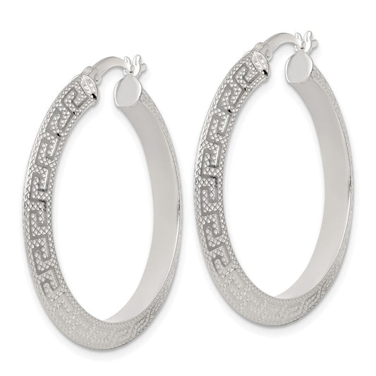 QE17862 Sterling Silver Textured 35x4.0mm Knife Edge Greek Key Round Hoop Earrings