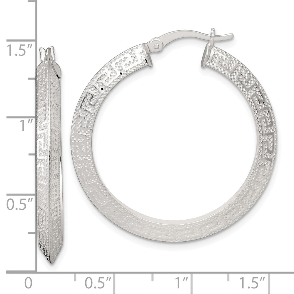 QE17862 Sterling Silver Textured 35x4.0mm Knife Edge Greek Key Round Hoop Earrings