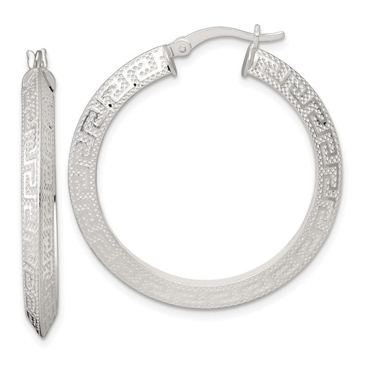 QE17862 Sterling Silver Textured 35x4.0mm Knife Edge Greek Key Round Hoop Earrings