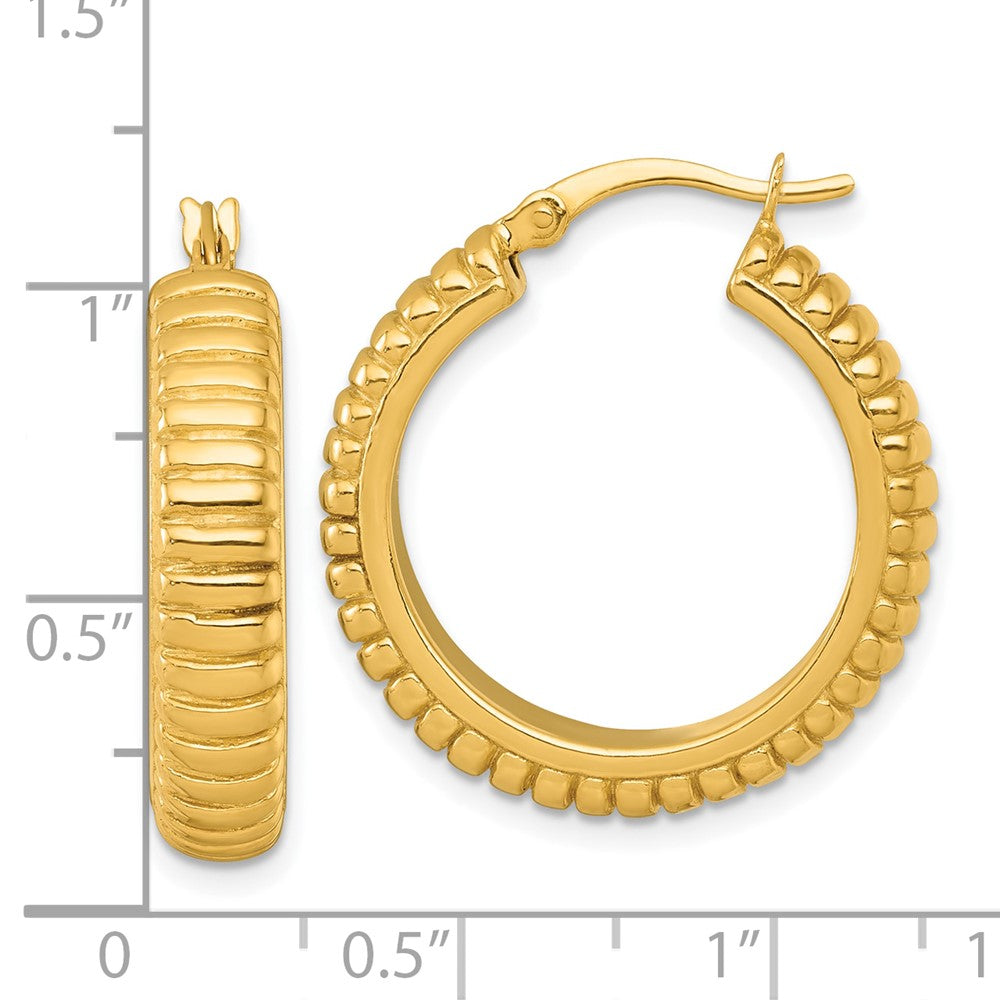 QE17875GP Sterling Silver Gold-tone Polished and Grooved 26x6mm Round Hollow Hoop Earrings
