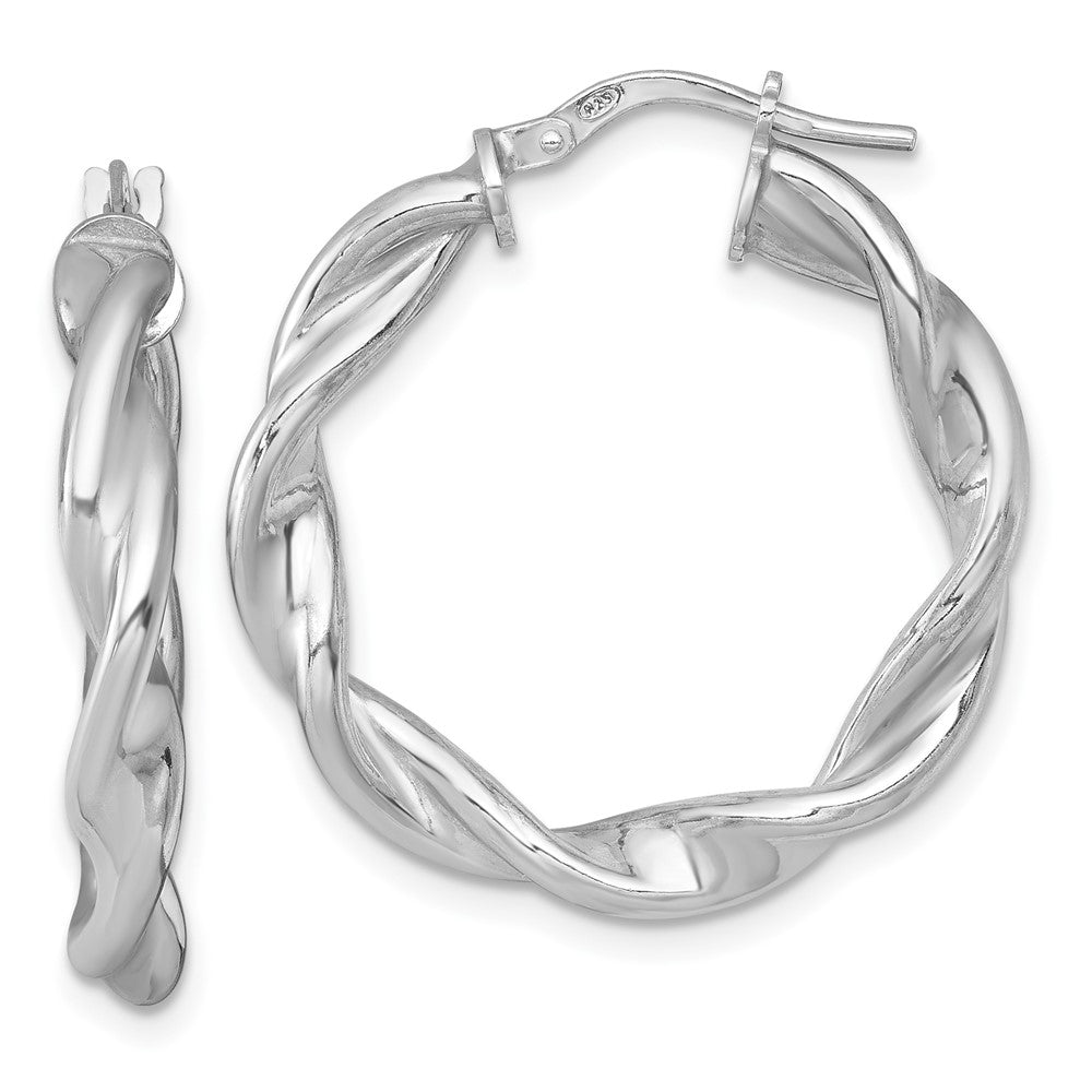 QE17889 Sterling Silver Rhodium-plated Polished Twisted 4.00 x 28mm Round Hoop Earrings