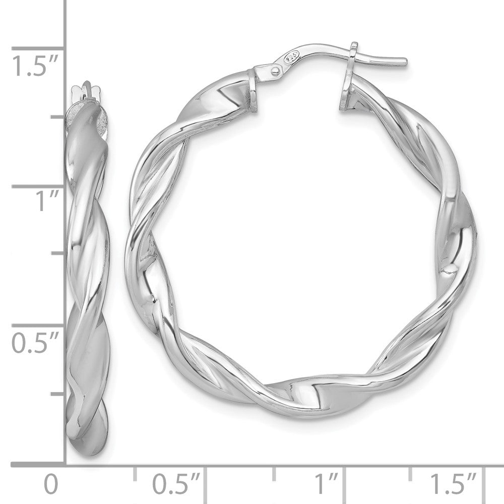 QE17890 Sterling Silver Rhodium-plated Polished Twisted 4.00 x 33mm Round Hoop Earrings