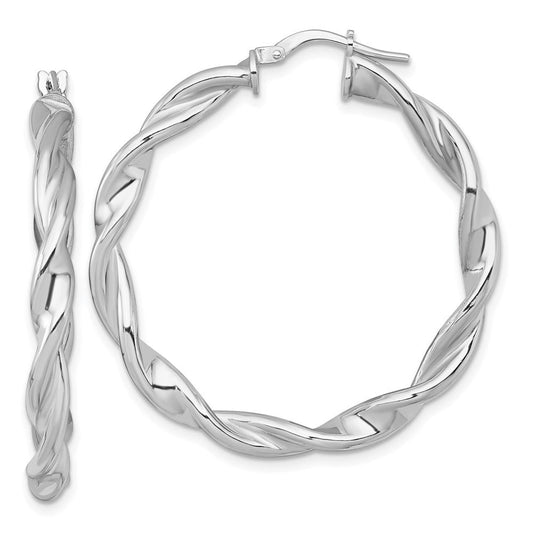 QE17891 Sterling Silver Rhodium-plated Polished Twisted 4.00 x 39mm Round Hoop Earrings