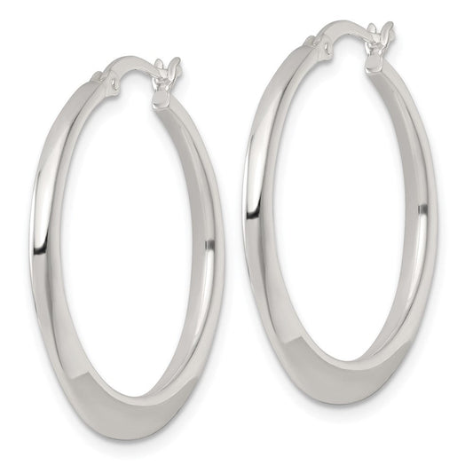 QE17907 Sterling Silver Polished 30.0mm Tapered Round Hoop Earrings