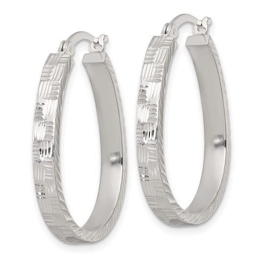 QE17913 Sterling Silver Polished Straight Diamond-cut 4.0mm Oval Hoop Earrings