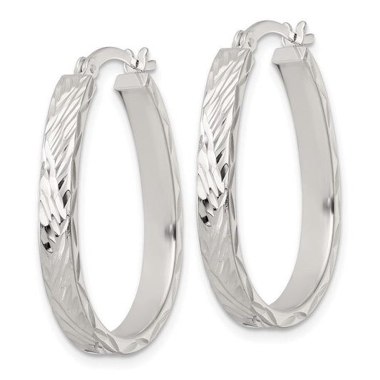 QE17914 Sterling Silver Polished Diamond-cut 4.0mm Oval Hoop Earrings