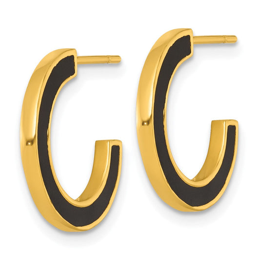QE17979 Sterling Silver Gold-tone Polished Black Enamel 18x2mm Post C-Hoop Earrings