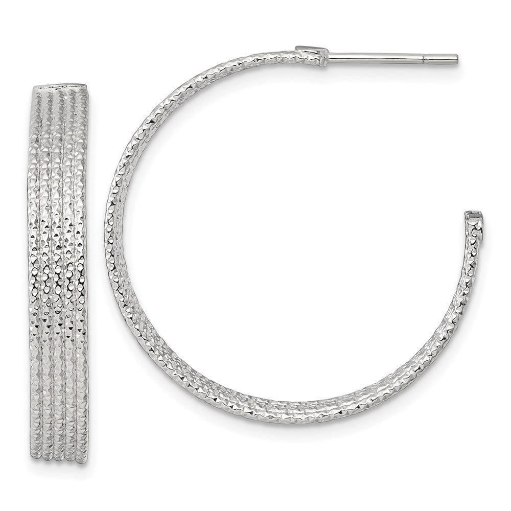 QE17988 Sterling Silver Polished and Textured 30x4.5mm Post C-Hoop Earrings