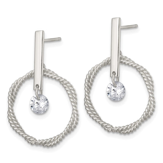 QE18008 Sterling Silver Polished Twisted Circle with Moveable White CZ Dangle Post Earrings