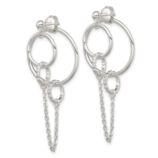 QE18024 Sterling Silver Polished and Textured Multi Circle and Chain Dangle Post Earrings