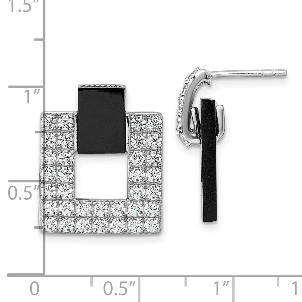 QE18050 Sterling Silver Rhodium-plated Polished CZ  and Black Agate Square Dangle Mis-Matched Post Earrings