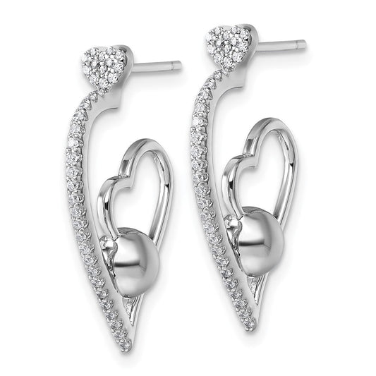 QE18059 Sterling Silver Rhodium-plated CZ Polished Heart and Bead Post Earrings