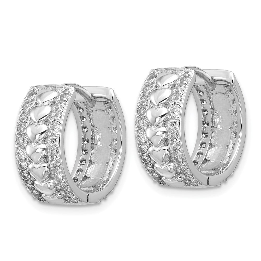 QE18127 Sterling Silver Rhodium-plated CZ Polished Hearts Hinged Hoop Earrings