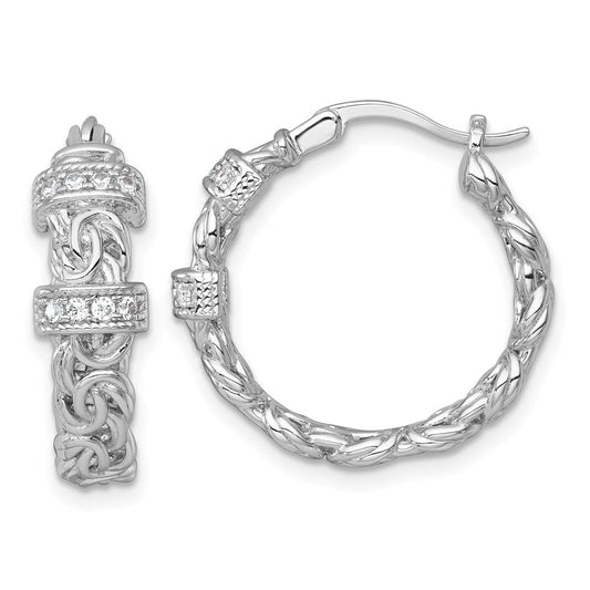 QE18132 Sterling Silver Rhodium-plated Polished CZ Byzantine Link Round Hoop Earrings