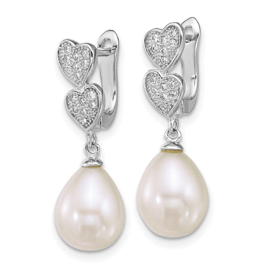 QE18171 Sterling Silver Rhodium-plated 7-9mm Teardrop White Freshwater Cultured Pearl and CZ Hearts Dangle Earrings