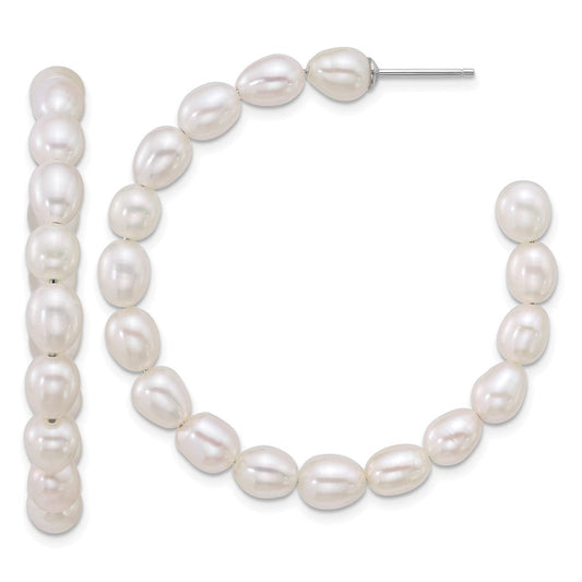 QE18179 Sterling Silver Rhodium-plated 5-6mm Rice White Freshwater Cultured Pearl C-Hoop Post Earrings
