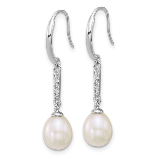 QE18182 Sterling Silver Rhodium-plated 6-8mm Teardrop White Freshwater Cultured Pearl and CZ Dangle Shepherd Hook Earrings